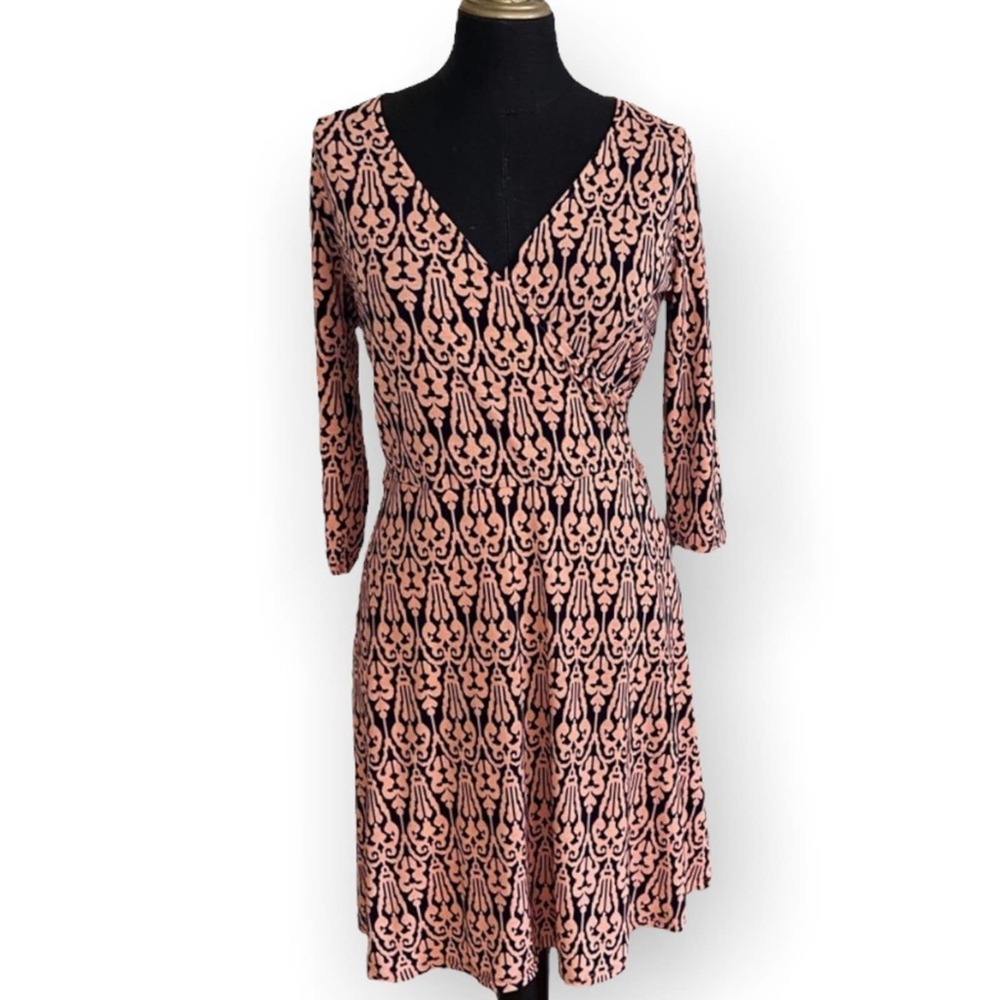 41 Hawthorne Stitch Fix Orange and Blue Quarter Sleeve V-Neck Dress Size Small